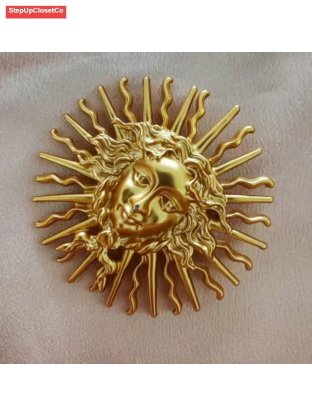 Vintage Gold Plated Sun Goddess Brooch Pin Baroque Celestial Helios Face Brooch